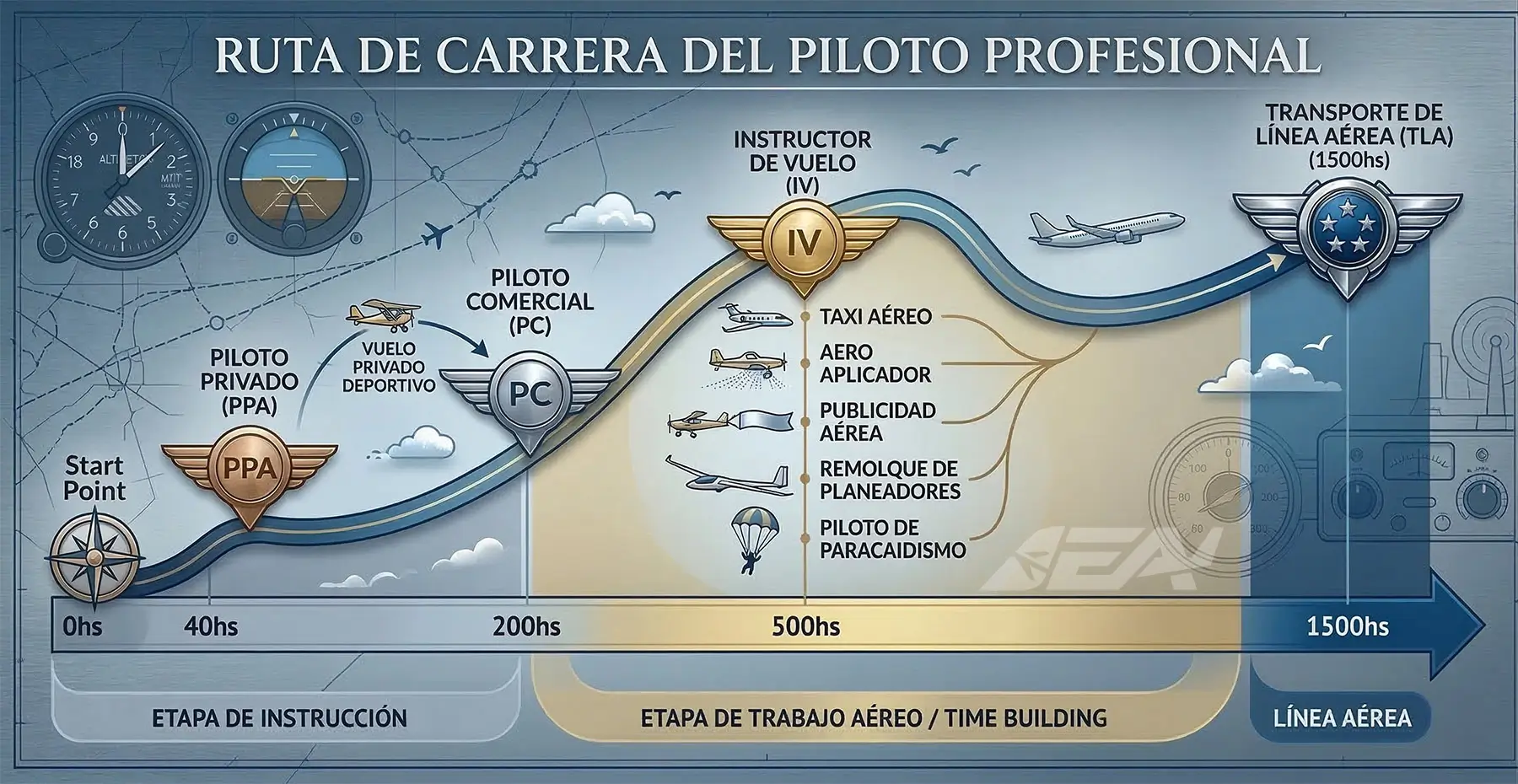 Infografía de la ruta de carrera del piloto profesional en Argentina: desde Piloto Privado PPA (40 horas) pasando por Piloto Comercial PC (200 horas), Instructor de Vuelo IV (500 horas) con ramificaciones de trabajo aéreo como taxi aéreo, aeroaplicador, publicidad aérea, remolque de planeadores y piloto de paracaidismo, hasta Transporte de Línea Aérea TLA (1500 horas)
