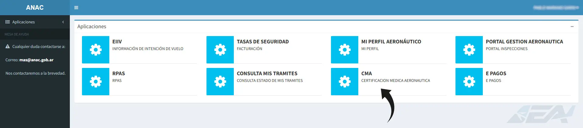 Panel de aplicaciones del CAD ANAC con la opción CMA Certificación Médica Aeronáutica Panel de aplicaciones del CAD ANAC con la opción CMA Certificación Médica Aeronáutica