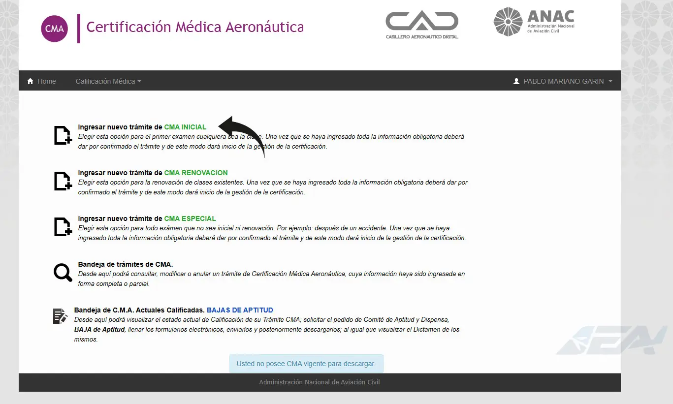 Pantalla del módulo CMA del CAD mostrando las opciones CMA Inicial, Renovación y Especial Pantalla del módulo CMA del CAD mostrando las opciones CMA Inicial, Renovación y Especial