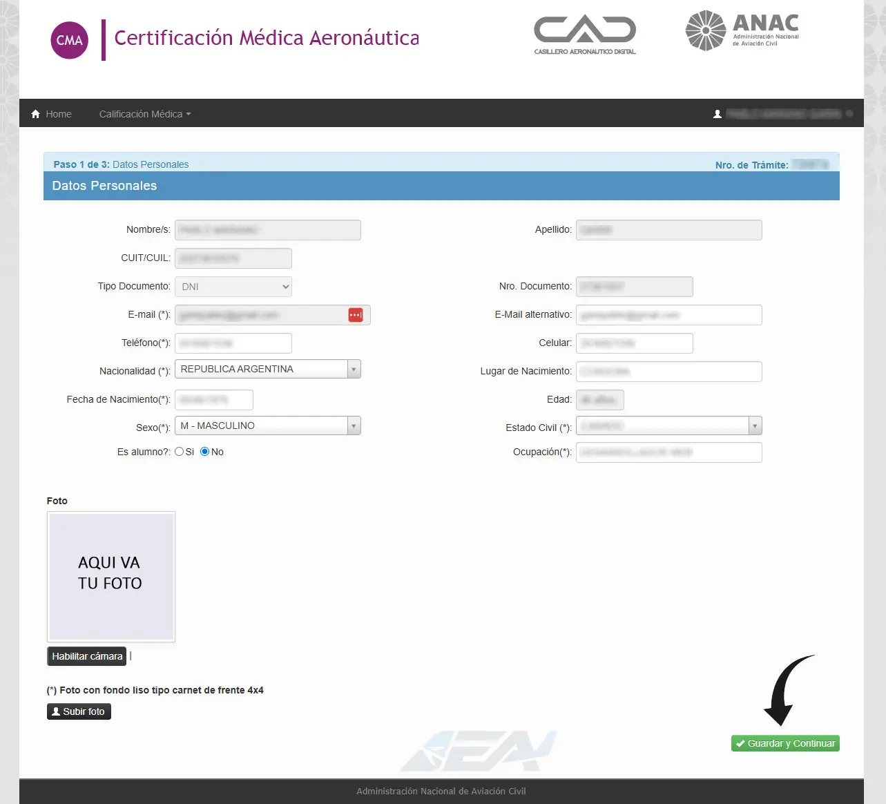 Formulario Paso 1 de 3 del trámite CMA en ANAC con datos personales y sección para subir foto carnet Formulario Paso 1 de 3 del trámite CMA en ANAC con datos personales y sección para subir foto carnet