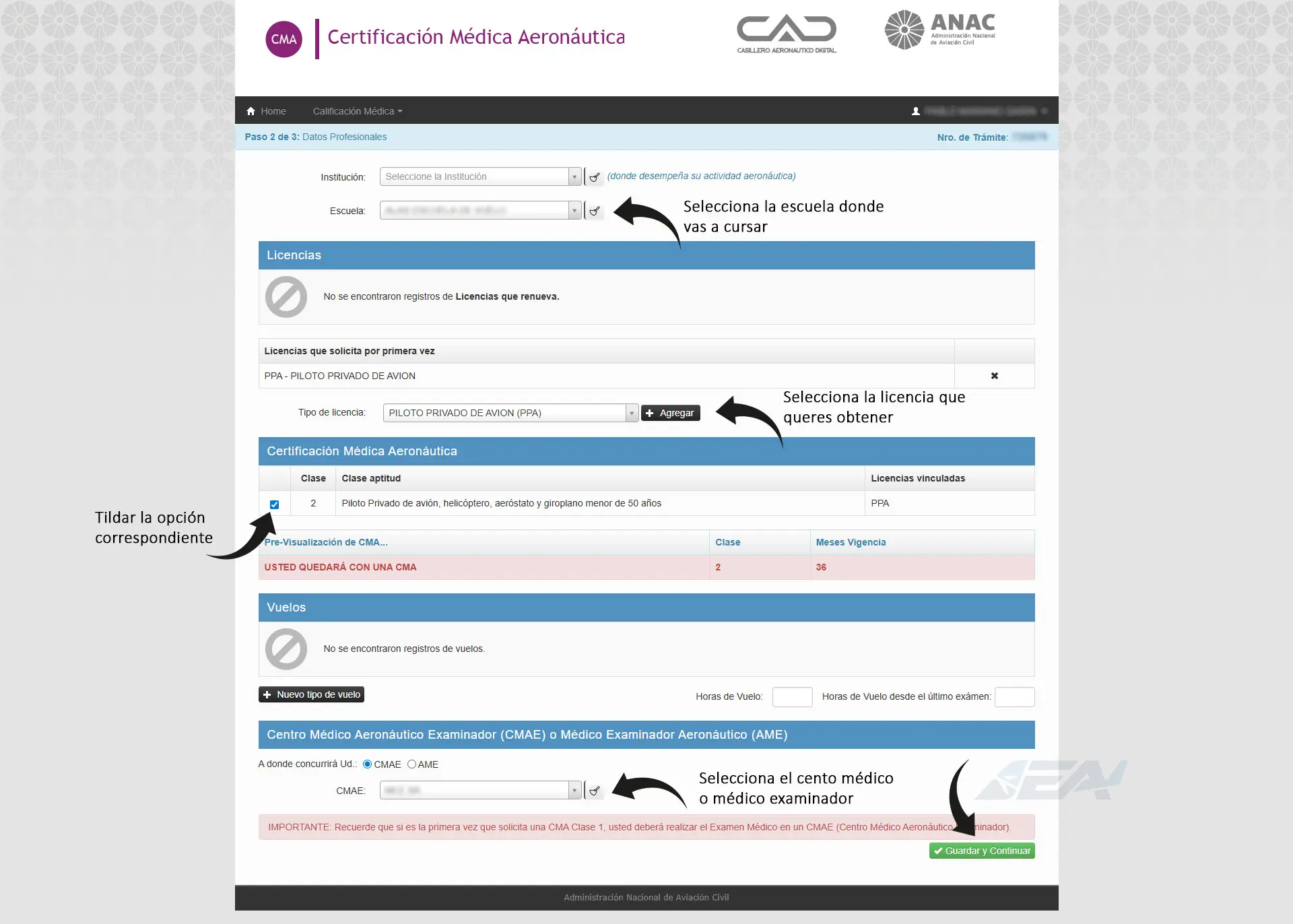 Paso 2 de 3 del trámite CMA donde se selecciona escuela, licencia, clase de CMA y médico examinador CMAE o AME Paso 2 de 3 del trámite CMA donde se selecciona escuela, licencia, clase de CMA y médico examinador CMAE o AME
