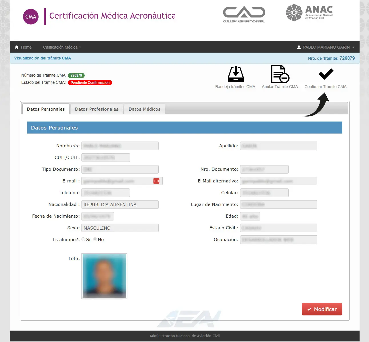 Pantalla de visualización del trámite CMA en ANAC con estado Pendiente Confirmación y botón Confirmar Trámite CMA Pantalla de visualización del trámite CMA en ANAC con estado Pendiente Confirmación y botón Confirmar Trámite CMA