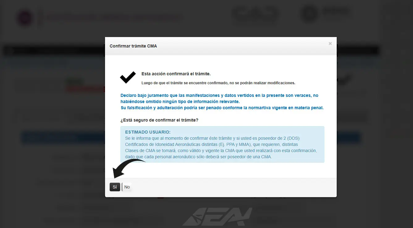 Pop-up de confirmación del trámite CMA en ANAC con declaración jurada y botón Sí para confirmar Pop-up de confirmación del trámite CMA en ANAC con declaración jurada y botón Sí para confirmar