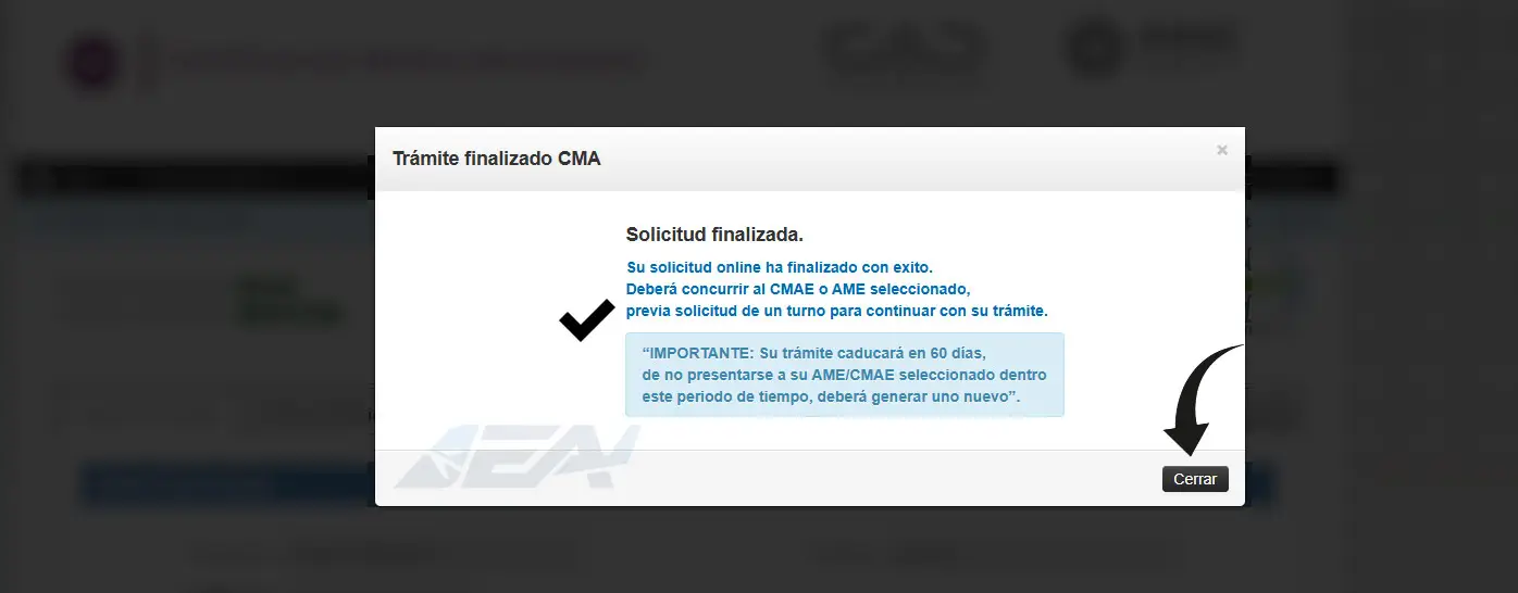 Pop-up de trámite finalizado CMA en ANAC indicando que la solicitud fue enviada con éxito y que el trámite caduca en 60 días Pop-up de trámite finalizado CMA en ANAC indicando que la solicitud fue enviada con éxito y que el trámite caduca en 60 días